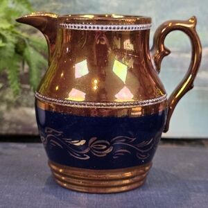 Antique Copper Lustre Pitcher Cobalt Blue Band Gold Leaf Vine Accent | Creamer